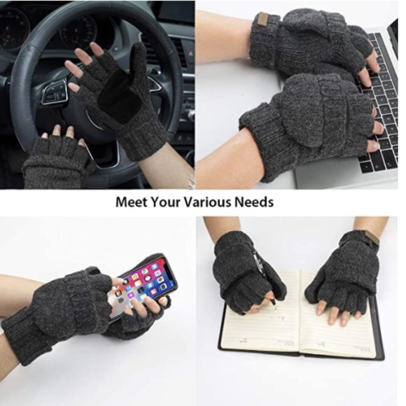 Unisex Winter Knitted Convertible Warm Fingerless Gloves Wool Mittens - Picture 8 of 14